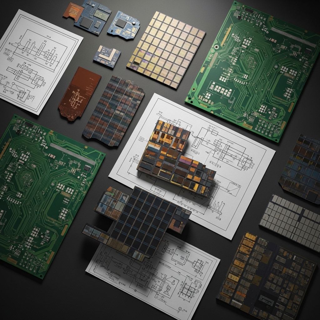 Overhead flat-lay arrangement of silicon wafer fragments, printed circuit board traces, and engineering diagram sheets on a dark matte background