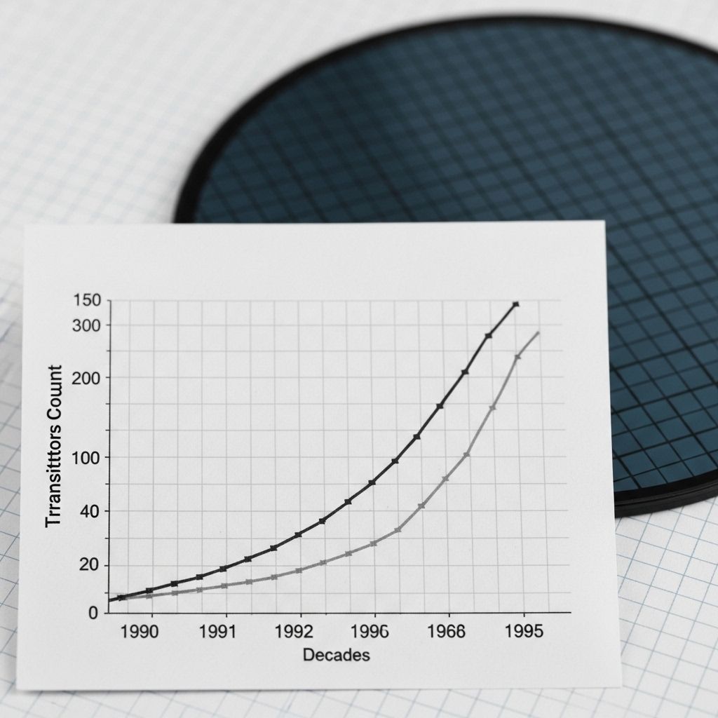 Graph diagram on graph paper showing exponential transistor count increase over decades, with silicon wafer background and engineering grid lines visible