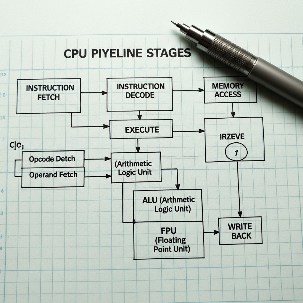 Architectural block diagram hand-drawn on engineering graph paper showing CPU pipeline stages with instruction decode and execution units labelled