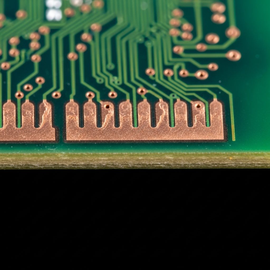 Extreme macro photograph of a printed circuit board edge showing alternating copper trace layers and fibreglass substrate laminate in cross-section under bright studio lighting
