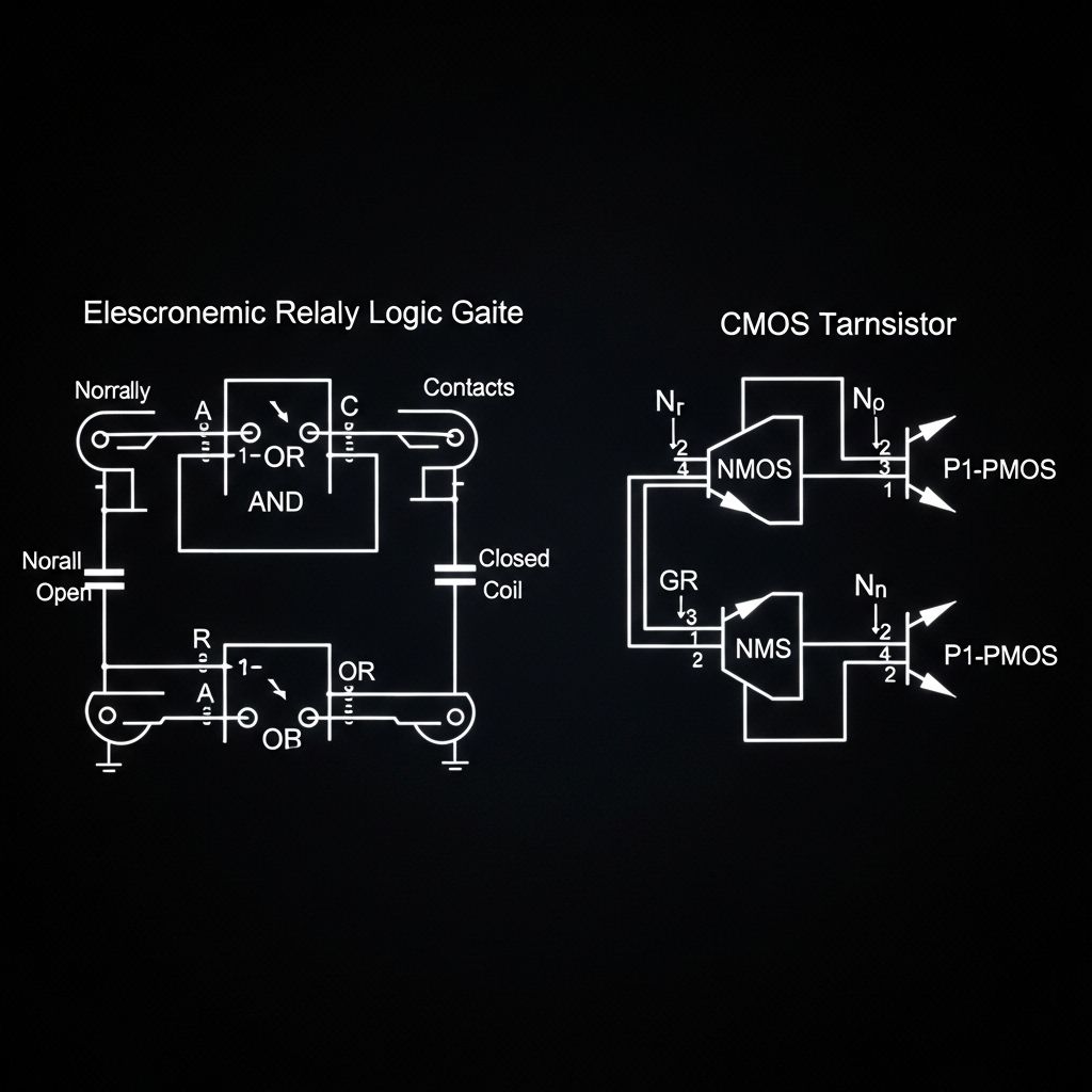 Close-up photograph of vintage electromechanical relay components arranged on a circuit board, showing copper coils, spring contacts, and early switching mechanisms