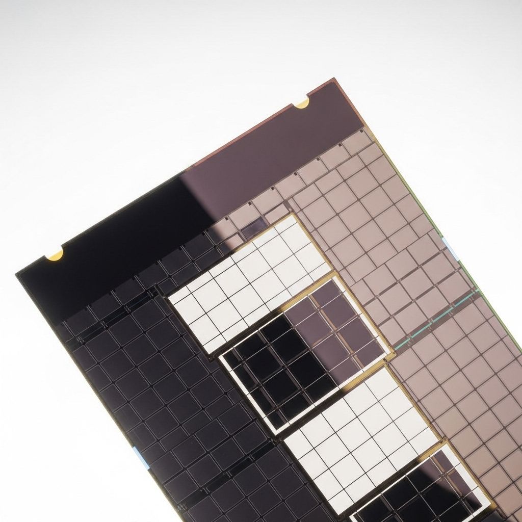 Top-down photograph of a 100mm silicon wafer showing a partial processed die pattern in rectangular array, with a primary flat and secondary flat visible at the wafer edge, lit by oblique white light to reveal surface topology