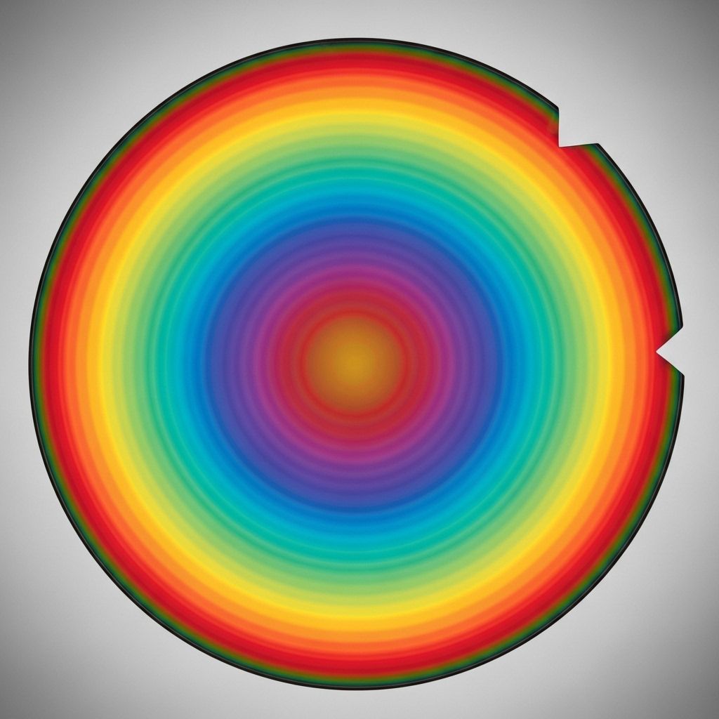 Studio photograph of a polished 200mm silicon wafer displaying a vivid rainbow interference pattern across the entire surface, with a single small triangular notch visible at the twelve o'clock position, set against a pure black background