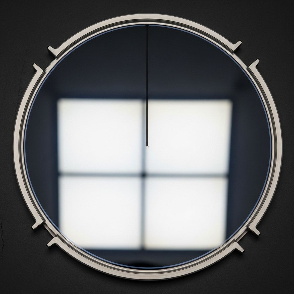 Overhead studio photograph of a 300mm diameter prime silicon wafer with mirror-polished surface reflecting overhead light sources, showing perfect circular geometry and a single reference notch, resting on a cleanroom-appropriate carrier frame against a dark surface