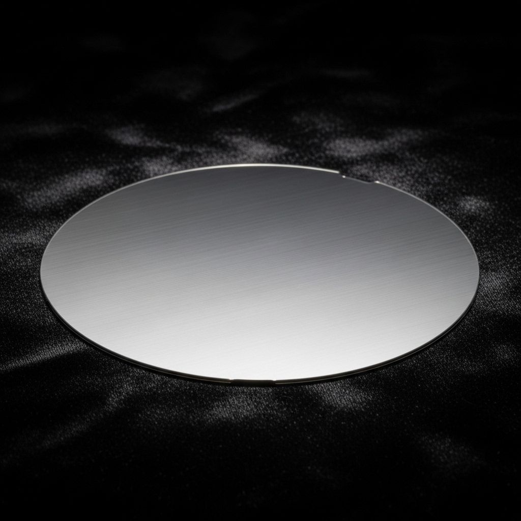 Studio photograph of a 50mm diameter single-crystal silicon wafer from circa 1970, showing a single flat edge orientation indicator, housed on dark velvet with museum display lighting revealing surface micro-topography