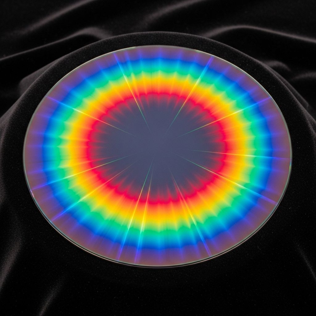 Studio photograph of a 200mm polished silicon wafer with rainbow diffraction pattern on its surface, placed on a dark velvet display background