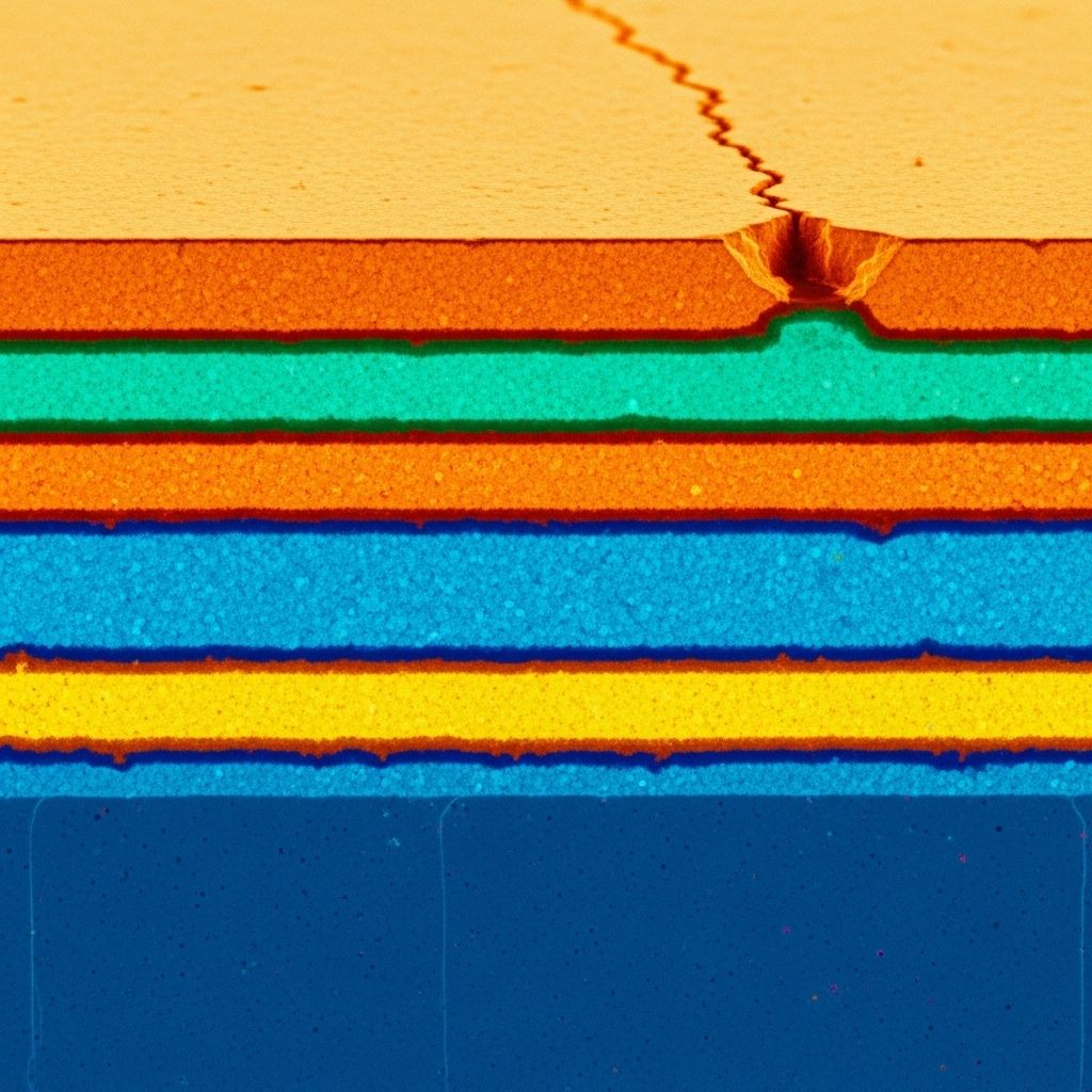 Highly magnified cross-section of semiconductor layers showing alternating silicon dioxide and polysilicon strata in vivid false-colour electron microscopy