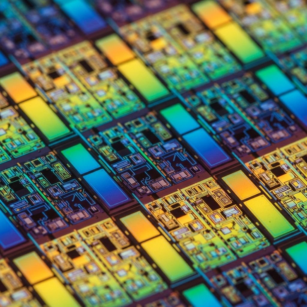 Macro photograph of a silicon wafer surface showing microscopic circuit die patterns in a regular grid, with iridescent thin-film interference colours visible under angled lighting