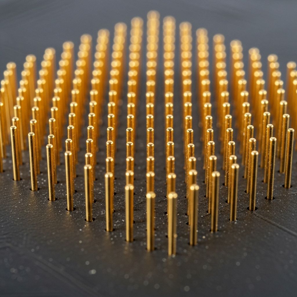 Extreme macro photograph of golden CPU socket contact pins arranged in a perfect grid on a dark motherboard surface