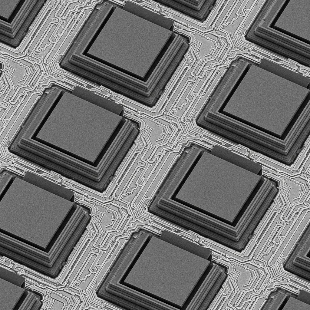 Electron microscope image of individual transistor gate structures on a silicon chip, showing metallic interconnects at nanometre scale