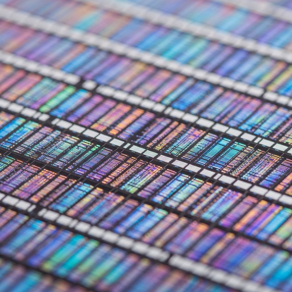Close-up macro photograph of a 200mm silicon wafer showing iridescent circuit patterns and die grid lines under clean-room lighting