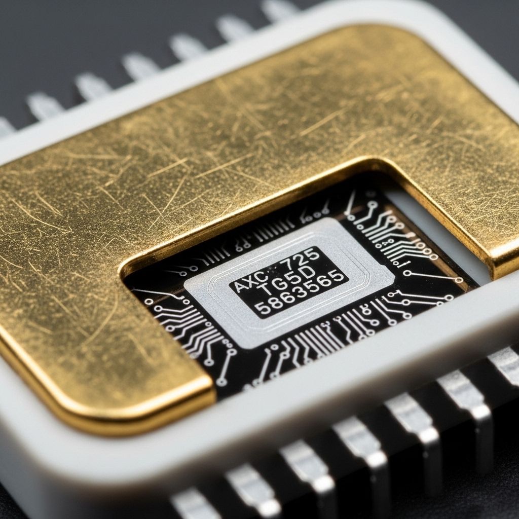 Macro photograph of a vintage ceramic processor package with gold lid and visible die markings from the 1980s microprocessor era