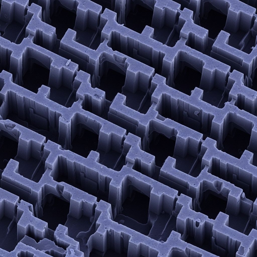 Colourised scanning electron microscope image of modern FinFET transistor structures showing three-dimensional fin geometry at sub-10nm scale