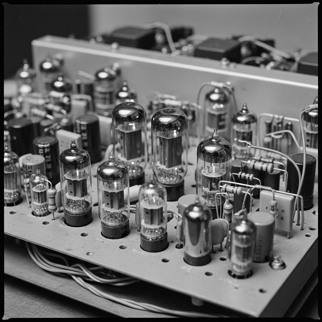 Black and white archival photograph of early vacuum tube computer components arranged on a metal chassis with thermionic tubes visible