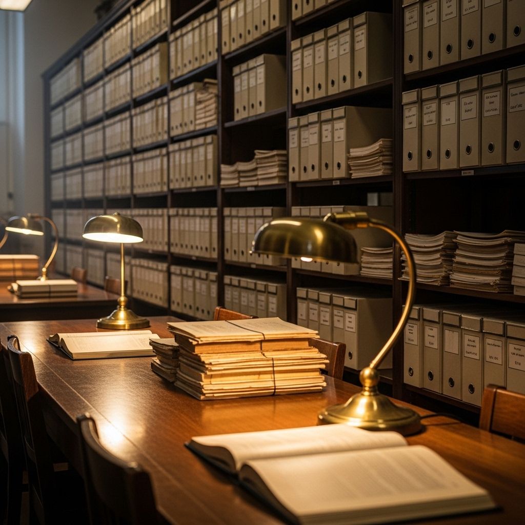 Rows of archival storage boxes and research documents in a university library special collections room with warm reading lamp illumination and dark wood shelving