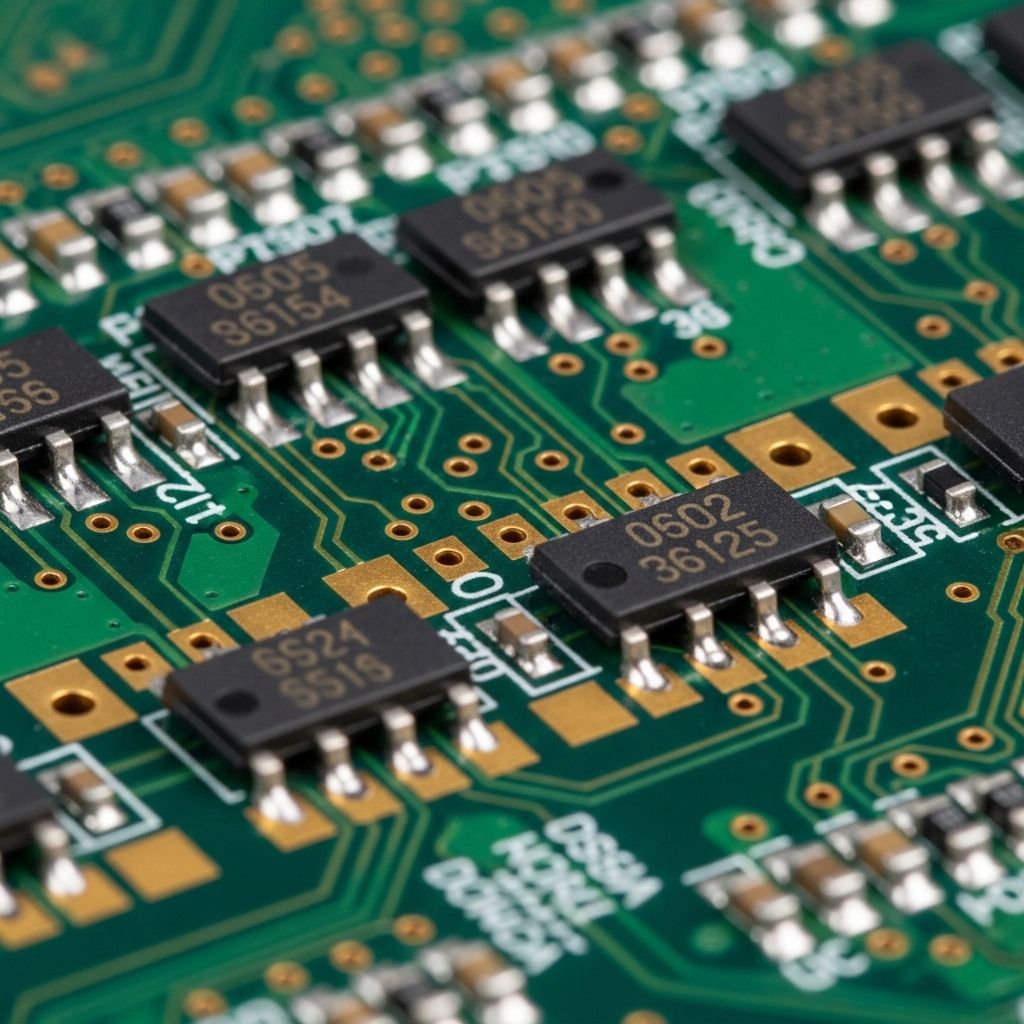 Macro photograph of a printed circuit board showing rows of surface-mounted components with gold contact pads, solder joints, and copper trace routing visible against a green fiberglass substrate