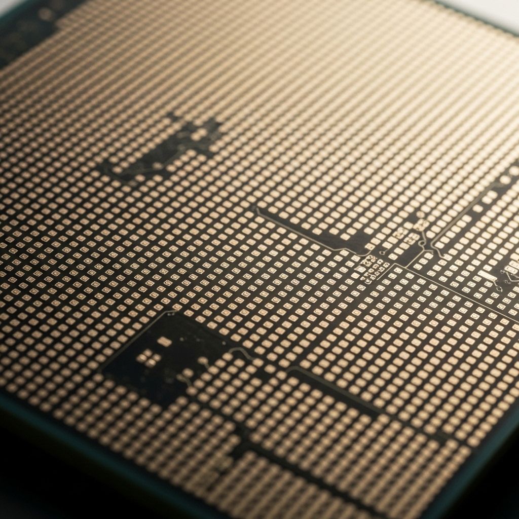 Extreme close-up macro photograph of a modern processor die surface showing metallic interconnect layers in regular geometric grid patterns with gold and copper colour tones under bright directional lighting